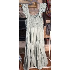 Blu Pepper Smocked Tiered Maxi‎ Dress Ruffle Sleeve Sage Green M cottagecore